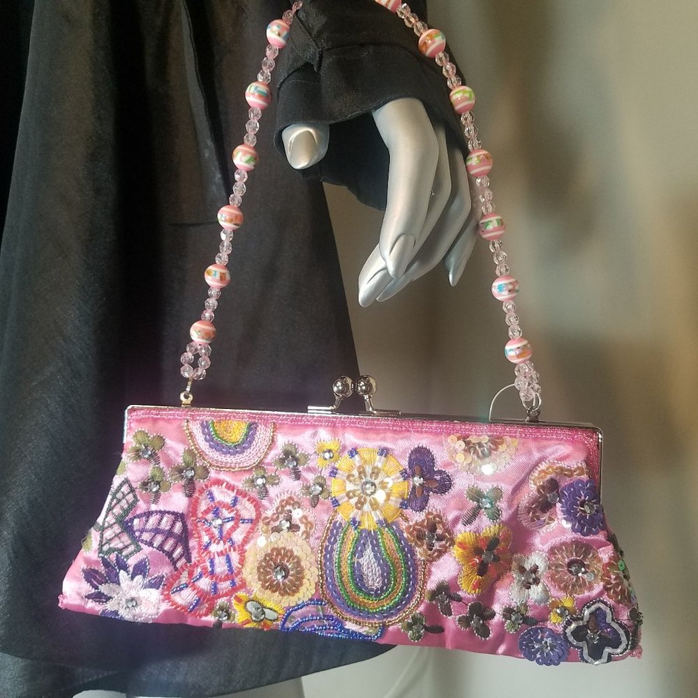 Women's Pink Decorative Beaded Handbag (10" w x 4" h)